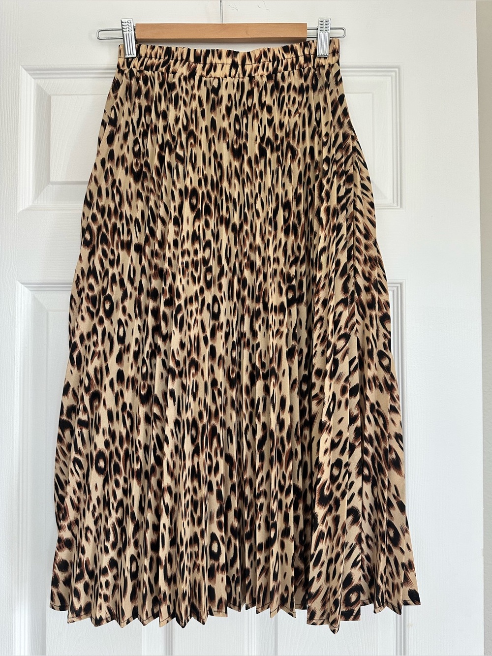 Leopard Print Pleated Midi Skirt Elastic Waist Unbranded
